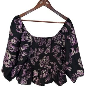 Tanya Taylor Smocked Peplum‎ Top Square Neck Long Sleeve Large Whimsygoth Silk